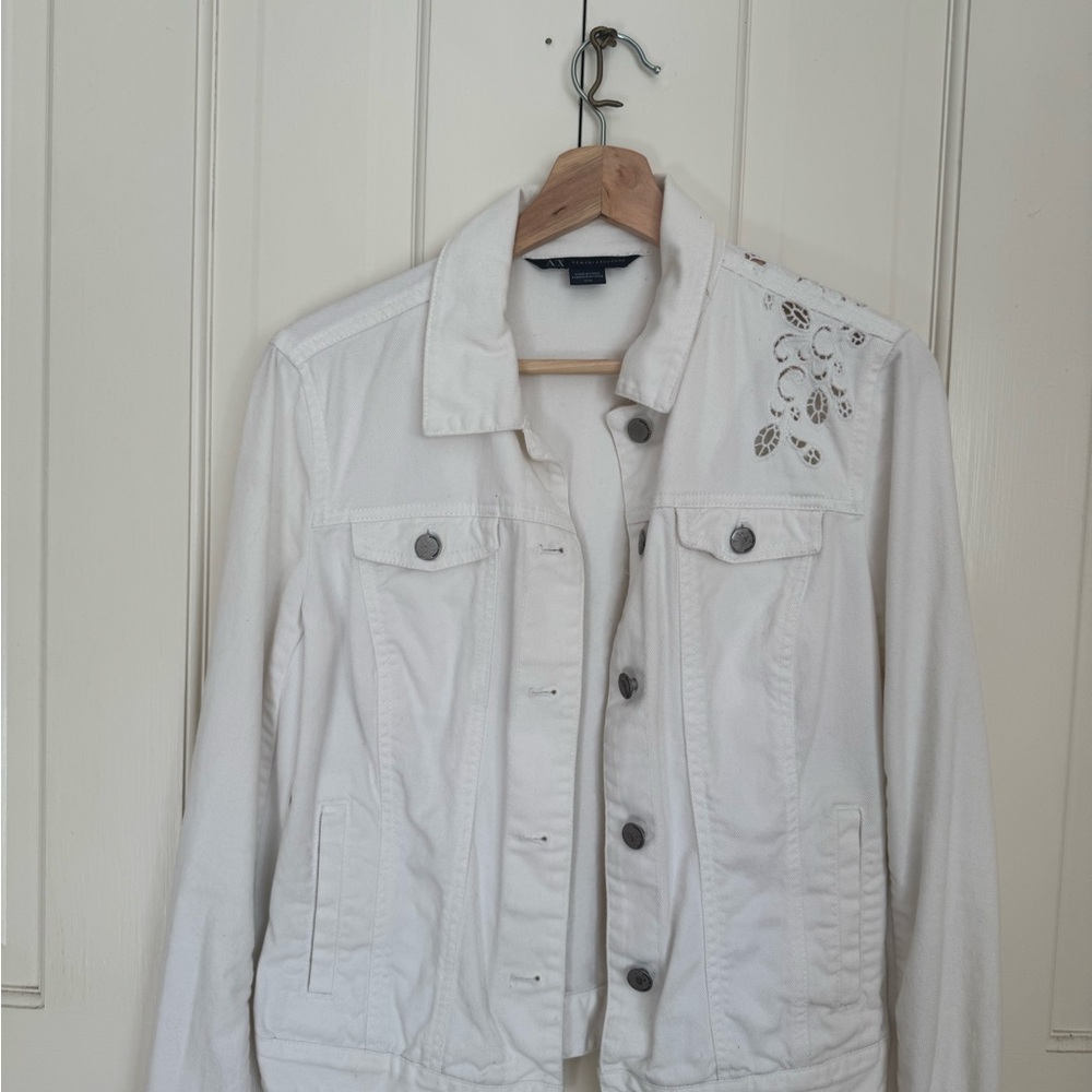 Armani Exchange White Jean Jacket with Embellished Shoulder